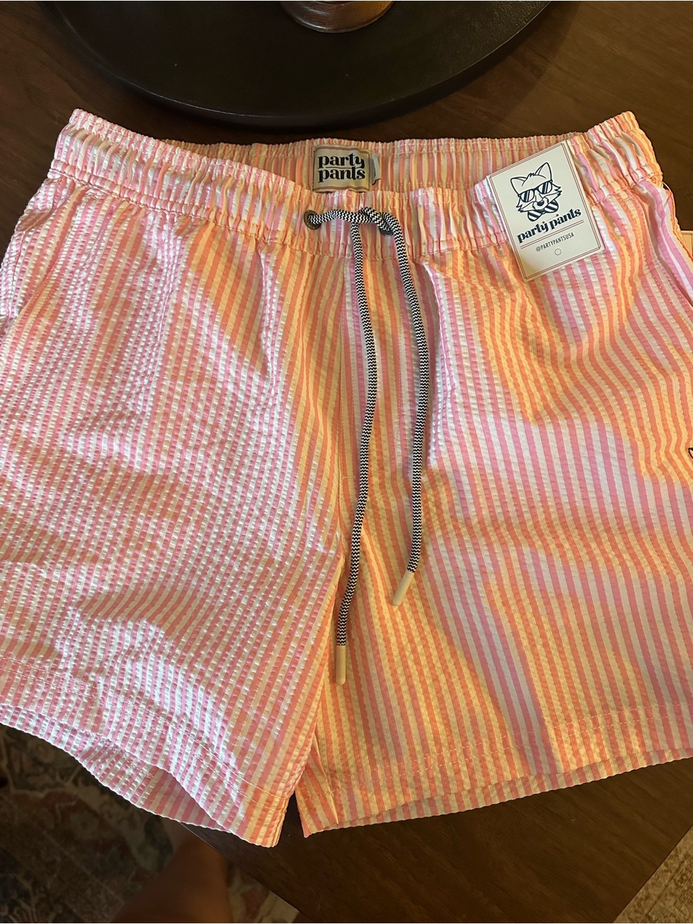 M - Men’s Party Pants Pink & White Striped Seersucker Swim Shorts
